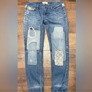 We The Free “Free People” Boho Crochet Patchwork Denim Jeans Size 26